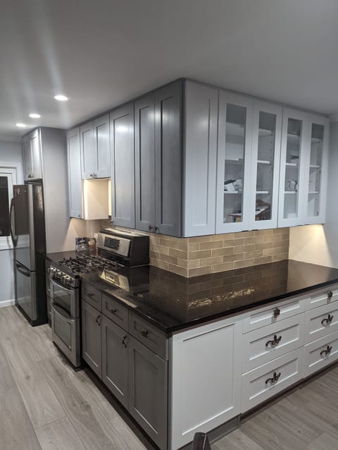 Newly installed kitchen.  Full refrigerator,  stove/oven 