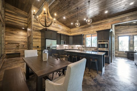 The dining area and kitchen.