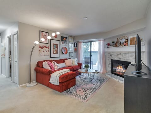 Living Room with real wood burning fireplace