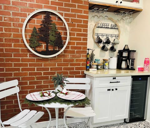 Coffee & tea bar with wine fridge. 