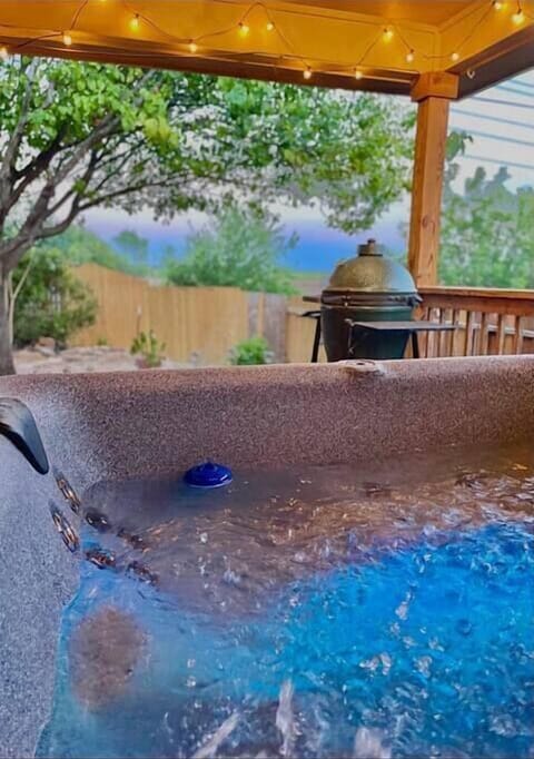 Sunset view looking out to no neighbors and the big green egg ready to be fired up!