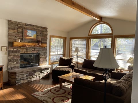Living room with stone gas fireplace and large front windows