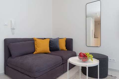 The living area features a sleek coffee table and a flat-screen television.