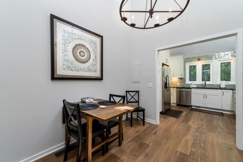 The drop leaf table can seat up to four.