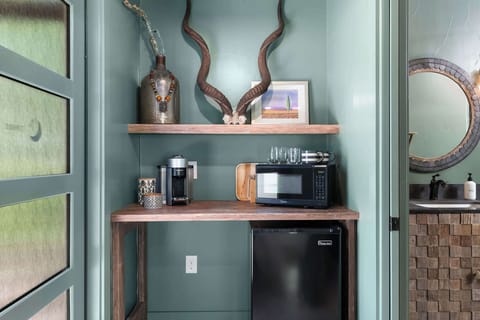 Mini fridge, microwave and Nespresso