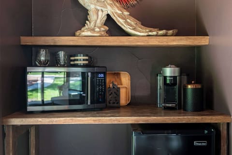 Mini fridge, microwave and Nespresso