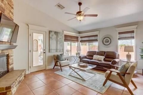 Living room with tile floors