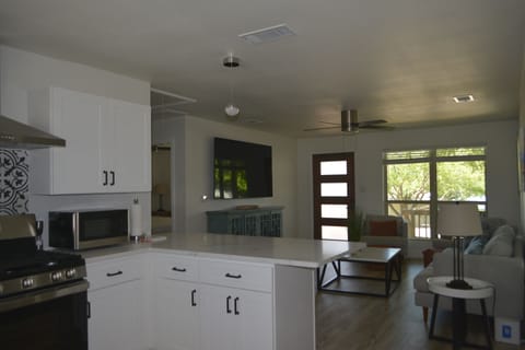 View from kitchen. Lake visible through big window