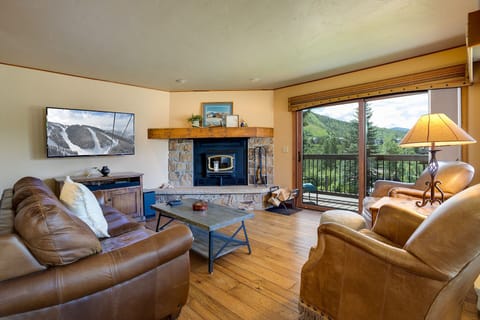 Sink into leather seating by your crackling fireplace while mountain views fill the windows and warm wood floors invite barefoot comfort.