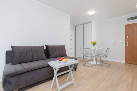 The living area is bright and cozy, with a gray sofa, a small coffee table.