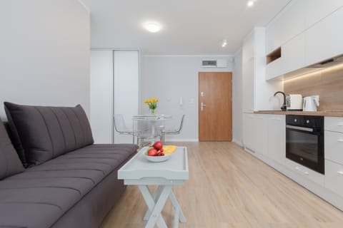 The living area is bright and cozy, with a gray sofa, a small coffee table.