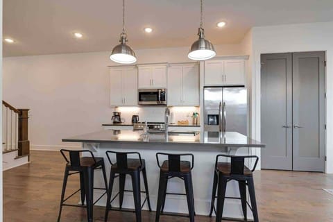 Modern Kitchen: Sleek design with seating, light, and all the essentials.