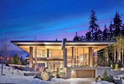 Sunset shot of the front of the home.