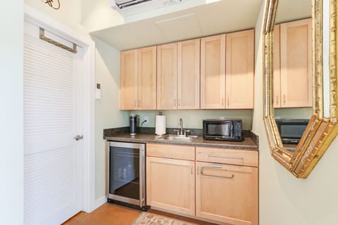 The Casita has a private kitchenette with mini fridge, microwave, and keurig coffee pot. The three casitas have a full communal kitchen just out the back door of the casita.