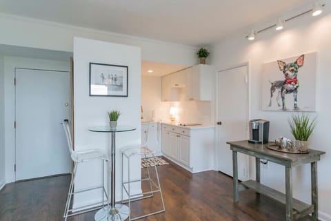 Kitchen stocked with a drip coffee maker (no Keurig).