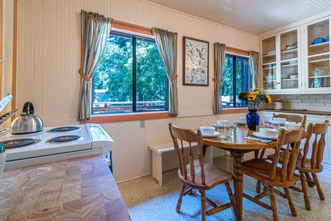 view of kitchen stove and table