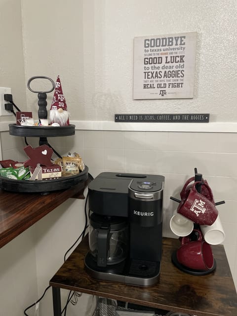 The coffee bar comes stocked with coffee, tea, sweeteners, and creamer!