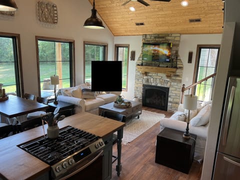 Open living room, kitchen, dining area, gas fireplace, pullout bed