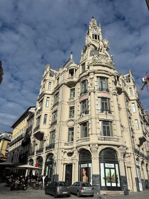 Ornate corner building facade under bright blue sky