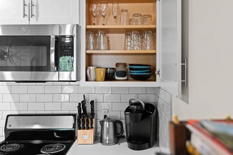 Kitchen comes stocked with all of your cooking essentials, along with a variety of coffee and spices.