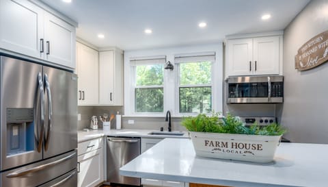 Fully renovated open concept kitchen, living, and dining area. Stainless appliances and quartz counters make this fully equipped kitchen bright