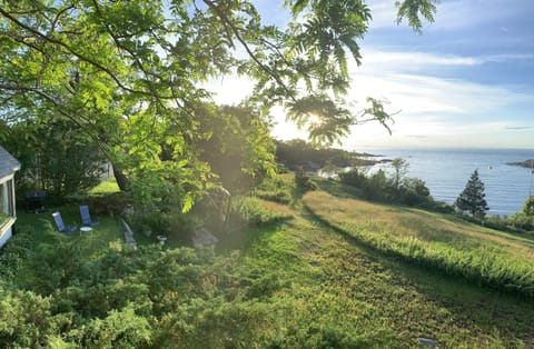 The cottage is just visible at left. The chairs are a perfect spot to relax.