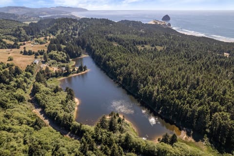 View from above of the private lake and the only two homes on it. Cape Kiwanda can be seen in the background.