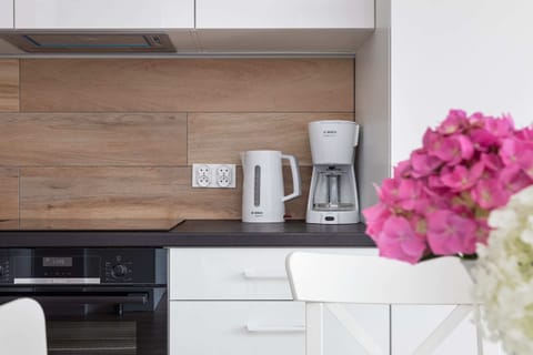 The sleek design of the kitchenette blending seamlessly with the living area.