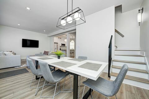 The dining room opens into the living room.