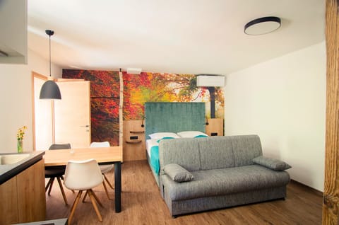 King-sized bed, Cauch, Air conditioning, dining area.