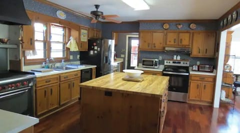 What a kitchen! Commercial stove with griddle. Also standard stove with oven.