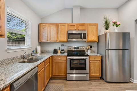 Stocked with reliable appliances and utensils.