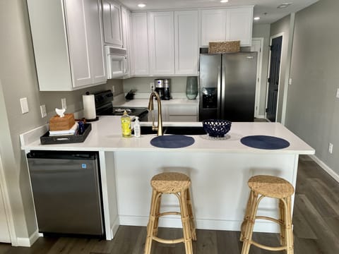 Remodeled kitchen- black stainless steel appliances quartz counter & mini fridge