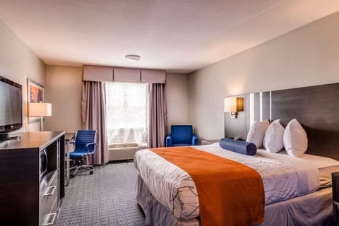Settle in with a dedicated desk, TV, and cozy seating.