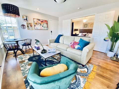 Boho style, super cozy living area made for relaxing after a long day at work