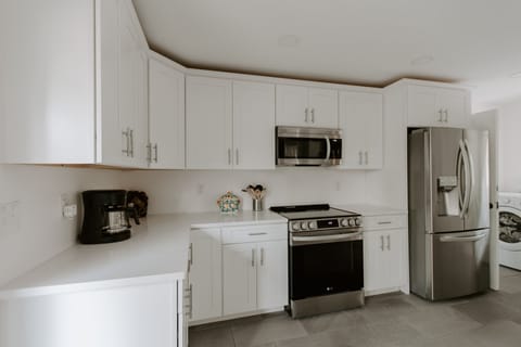 Fully stocked kitchen for 8 people.  Range, microwave, refrigerator, dishwasher.