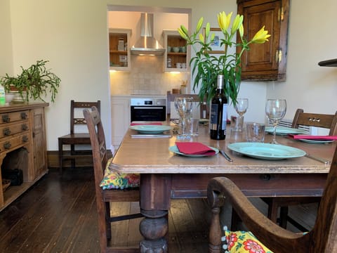 spacious dining room and galley style kitchen