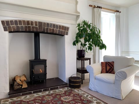 living room with wood burning stove and garden and sea views