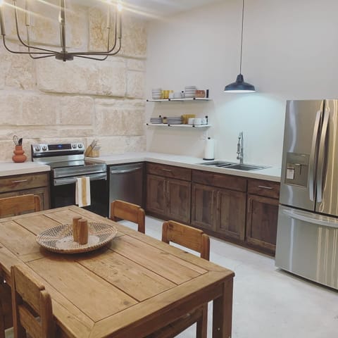 The dining table seats 8 people.