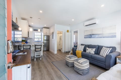 From the front door -- spacious living room, kitchen, bath and bedroom entrance