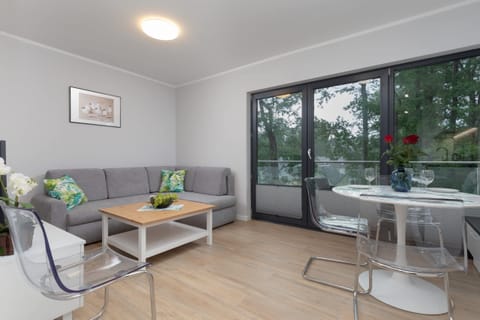 The living area features a sleek coffee table and a flat-screen television.