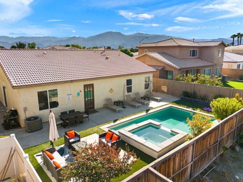Upper view of the jacuzzi, pool and fire pit!