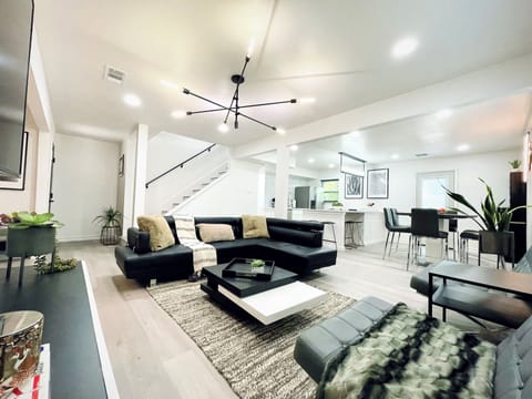 The stylish monochrome colors open concept living room