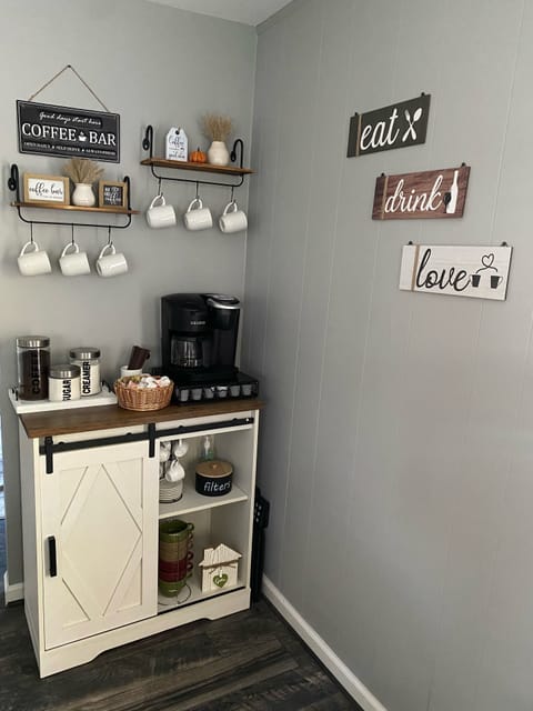 Coffee Bar: K-cups, hot cocoa, Tea Bags, creamer, honey& sugar are provided.