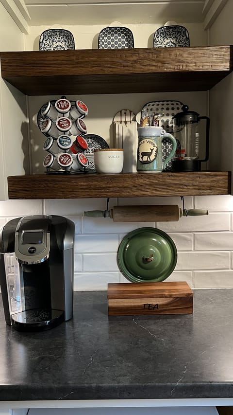 Provided Keurig w/pods. 
French press 
Grinder  
Nespresso BYO virtuo pods 
Tea