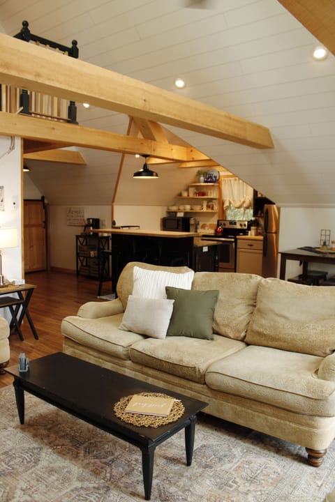 The kitchen overlooks the living room.