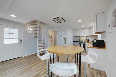 A unique spiral staircase leads to the bedrooms upstairs, for those with reduced mobility, a more user-friendly staircase can be found out by the lower deck.