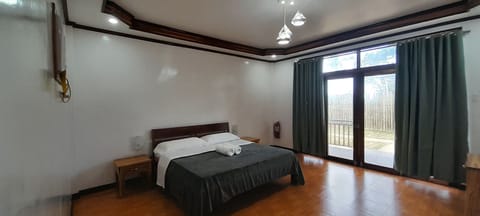 King size bed with blackout curtains drawn open.