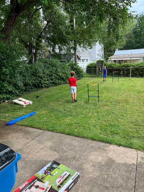 Large, fenced in backyard with games