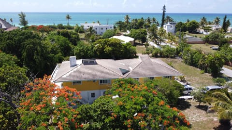 Yellow house in the foreground, just 200 meter walk to the beach. 